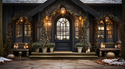 Fototapeta premium Home Decorated with Christmas Sparkle. Welcoming Christmas Entryway