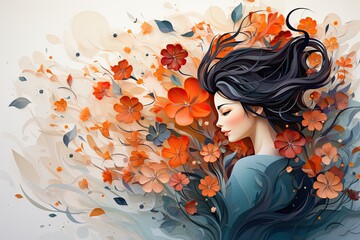 Women with flowers in hair paper art Card for International Womens Day 8 march