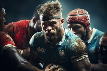 Rugby: Players in scrum caps and jerseys form a scrum, locked in a fierce battle for possession.Generated with AI