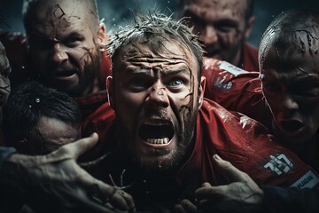 Rugby: Players in scrum caps and jerseys form a scrum, locked in a fierce battle for possession.Generated with AI