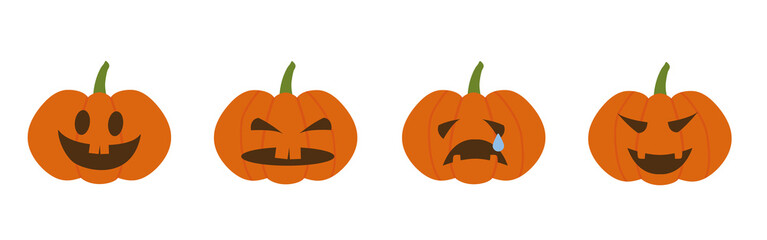 Halloween pumpkin icon. Vector. Halloween scary pumkin with smile, happy and sad face. Autumn symbol. Orange squash silhouette isolated on white background. Flat design. Cartoon colorful illustration