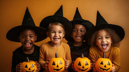 children with halloween pumpkins, happy smiling preschool kids holding jack-o-lanterns, looking at camera, group of diverse children, studio photo