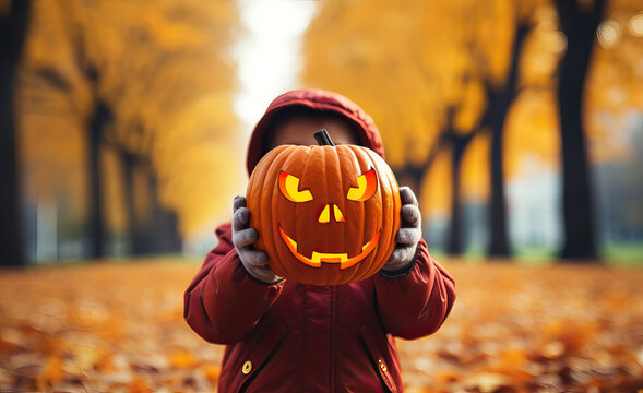 Child holding halloween jack-o-lantern for Halloween, autumn  park on background, fall with autumn trees, photo with copy space for invitation