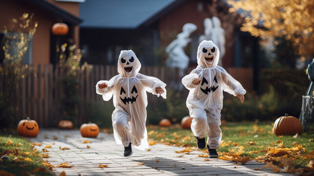 Children wearing Halloween costumes running down the street, trick or treat halloween, little children in spooky ghost costumes, running and playing in the yard decorated with Jack o lanterns, cosplay