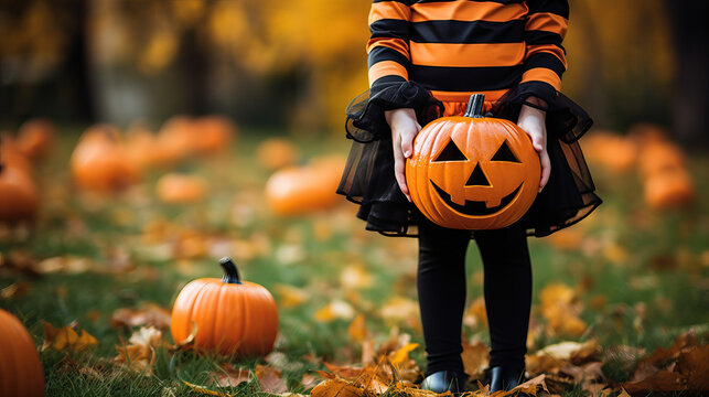 Little girl holds a Halloween pumpkin, child wearing a Halloween costume, holds jack o lantern, stand in autumn yard, waist down photo with copy space for banner or invitation