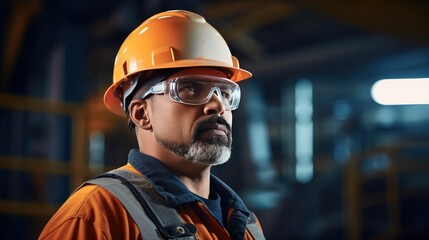 Focused engineer wearing safety goggles and a hard hat, working on a mechanical assembly. The simple background with a subtle gradient highlights the subject. - obrazy, fototapety, plakaty