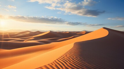 Fototapeta na wymiar A sun-drenched desert landscape unfolds, showcasing golden sand dunes and undulating terrain under the bright sun. The rolling dunes cast dramatic shadows