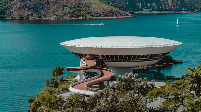 Photo from the Niterói Contemporary Art Museum - Rio de Janeiro, Brazil. This tourist spot is a project by Brazilian architect Oscar Niemeyer.