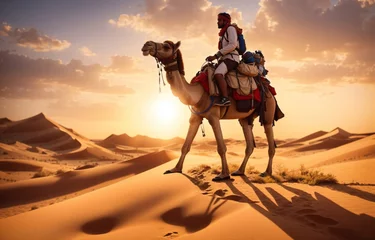 Poster Desert Expeditions, Travelers riding a camel through the desert at the sunset, low angle view © Johan Wahyudi