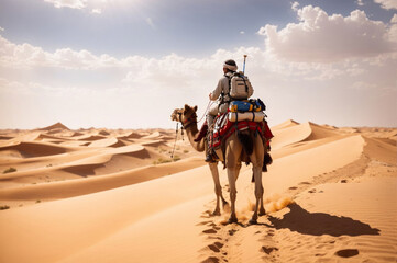 Desert Expeditions, Travelers riding a camel through the desert at the noon