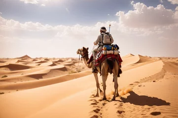 Poster Desert Expeditions, Travelers riding a camel through the desert at the noon © Johan Wahyudi