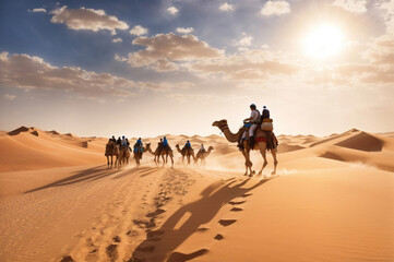 Fototapeta na wymiar Desert Expeditions, A Group of Travelers riding a camel through the desert