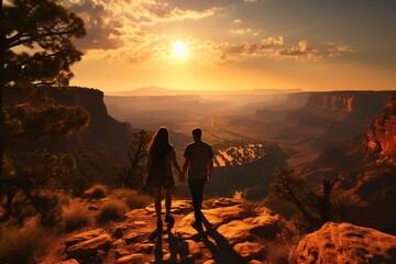 Fototapeta premium Travelers taking in the breathtaking view of the mountian. Generated with AI