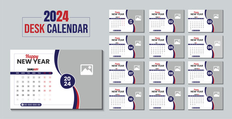Fototapeta na wymiar Desk Calendar 2024 template business. Week starts on Monday. Set of 12 calendar pages designs print layout. 