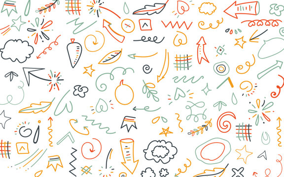 Fun colorful line doodle seamless pattern. Abstract objects arrows, ribbons, fireworks, hearts, lightning, love, leaves, stars, cones, crowns and other elements in the hand drawn style vector.