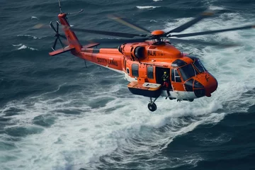 Crédence de cuisine en verre imprimé hélicoptère Coast Guard lifeguard descends from a helicopter onto a ship in the middle of the deep blue sea, performing a daring rescue operation.Generated with AI