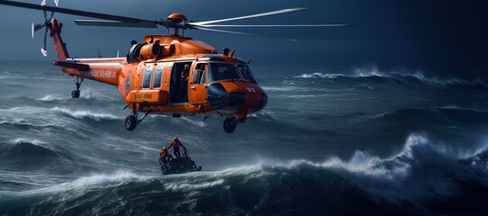 Coast Guard lifeguard descends from a helicopter onto a ship in the middle of the deep blue sea, performing a daring rescue operation.Generated with AI - obrazy, fototapety, plakaty