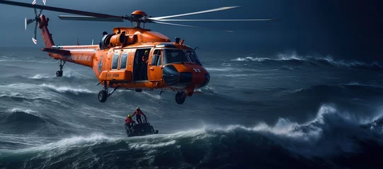 Tuinposter Coast Guard lifeguard descends from a helicopter onto a ship in the middle of the deep blue sea, performing a daring rescue operation.Generated with AI © Chanwit