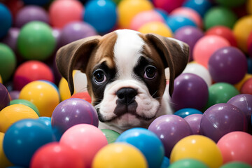 portrait of puppy in colourful ball pit - obrazy, fototapety, plakaty
