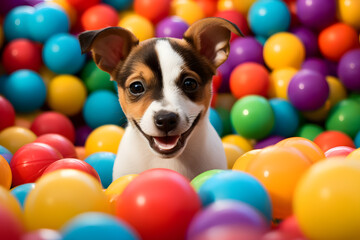 portrait of puppy in colourful ball pit - obrazy, fototapety, plakaty