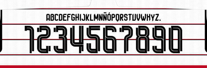 font vector team 2023 - 2024 kit sport style font. football style font with lines. flamengo away font. The Mengao. sports style letters and numbers for soccer team. league Brazil. © Ozymandias1927