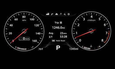 Car dashboard speed meter technology design modern futuristic on black background vector