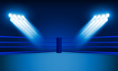 Boxing ring arena and floodlights vector design Bright stadium arena lights red blue. Vector illumination