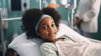 Portrait of black little girl laying in bed in hospital room recovery - obrazy, fototapety, plakaty