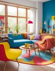 A living room with bright colors and wood table
