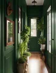 A hallway with green woodwork
