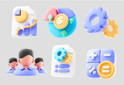 Minimalist finance icon set featuring 3D icons representing finance and business concepts, including statistics graphs, charts, settings, teamwork, and calculators. Rendered in 3D