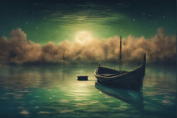 A boat kept on the river at night during full moon.