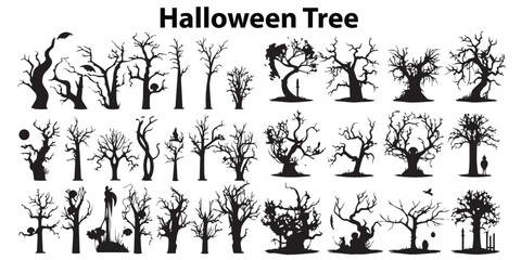Set of silhouettes Halloween Tree Vector illustration