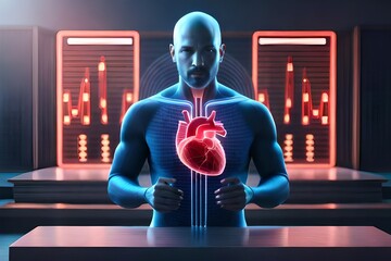 Human heart hologram user interface screen infographic, Artificial intelligence AI assistance with, Medical healthcare technology concept of doctor surgeon holding human heart, futuristic