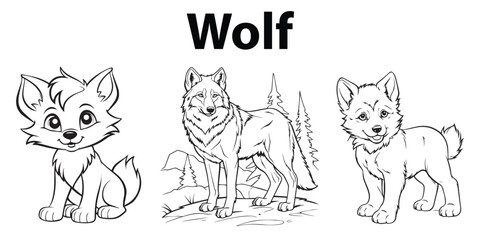 Set of Lineart Wolf Coloring Pages isolated on a white background