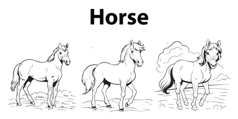 Fototapeta na wymiar Running Horse Coloring Page Collection For Kids