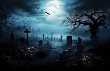 Halloween spooky night graveyard scene with bats and moon background - obrazy, fototapety, plakaty