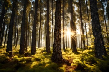 Fototapeta premium a close up view of pine tree, present in forest, sun rays are also present