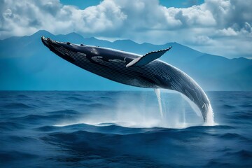 Craft an awe-inspiring image of a majestic humpback whale breaching the surface of the ocean, its immense power and elegance on full display against the backdrop of the endless blue horizon.