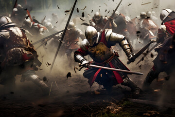 medieval soldiers fighting in battle - obrazy, fototapety, plakaty