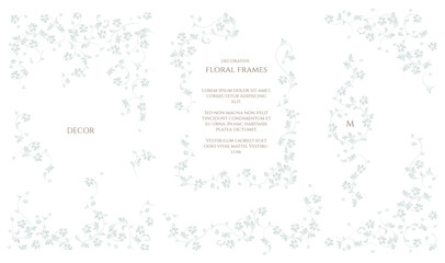 Set of decorative  frames, corners and monograms. Graphic design page. Floral elegant pattern. 