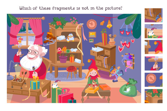 Find the hidden fragments. Educational game puzzle for kids. Cute Santa and elf makes gifts. Workshop with furniture, toys. Winter Christmas holidays. Scene, vector cartoon illustration.