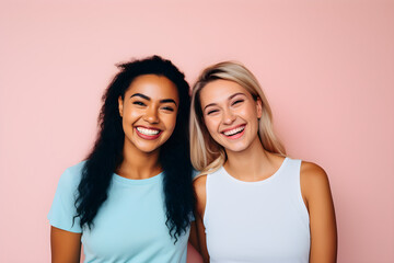 studio portrait of happy female friends smiling