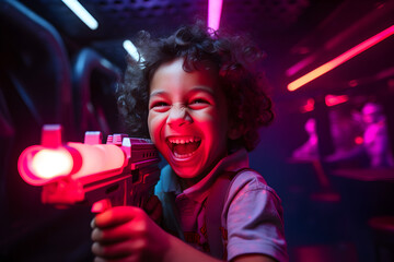 Happy child playing laser battle game - obrazy, fototapety, plakaty