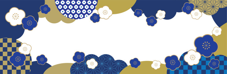 梅と和柄 和風 新春 バナー フレーム 背景/横長・透過・藍色