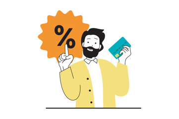 Shopping concept with people scene in flat web design. Man making online purchases, getting discount prices and paying by credit card. Vector illustration for social media banner, marketing material.