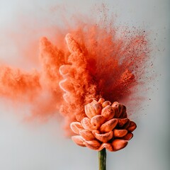 Red powder explosion cloud on white background