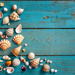 Seashells on blue wood, sea vacation background with copy space on wooden planks