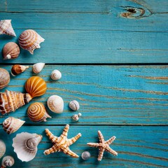 Seashells on blue wood, sea vacation background with copy space on wooden planks