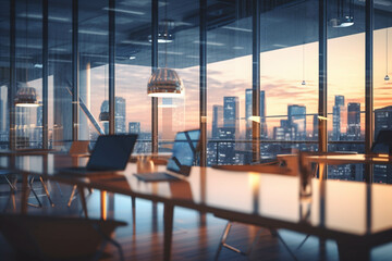 background of a light modern office interior with panoramic windows and beautiful lighting